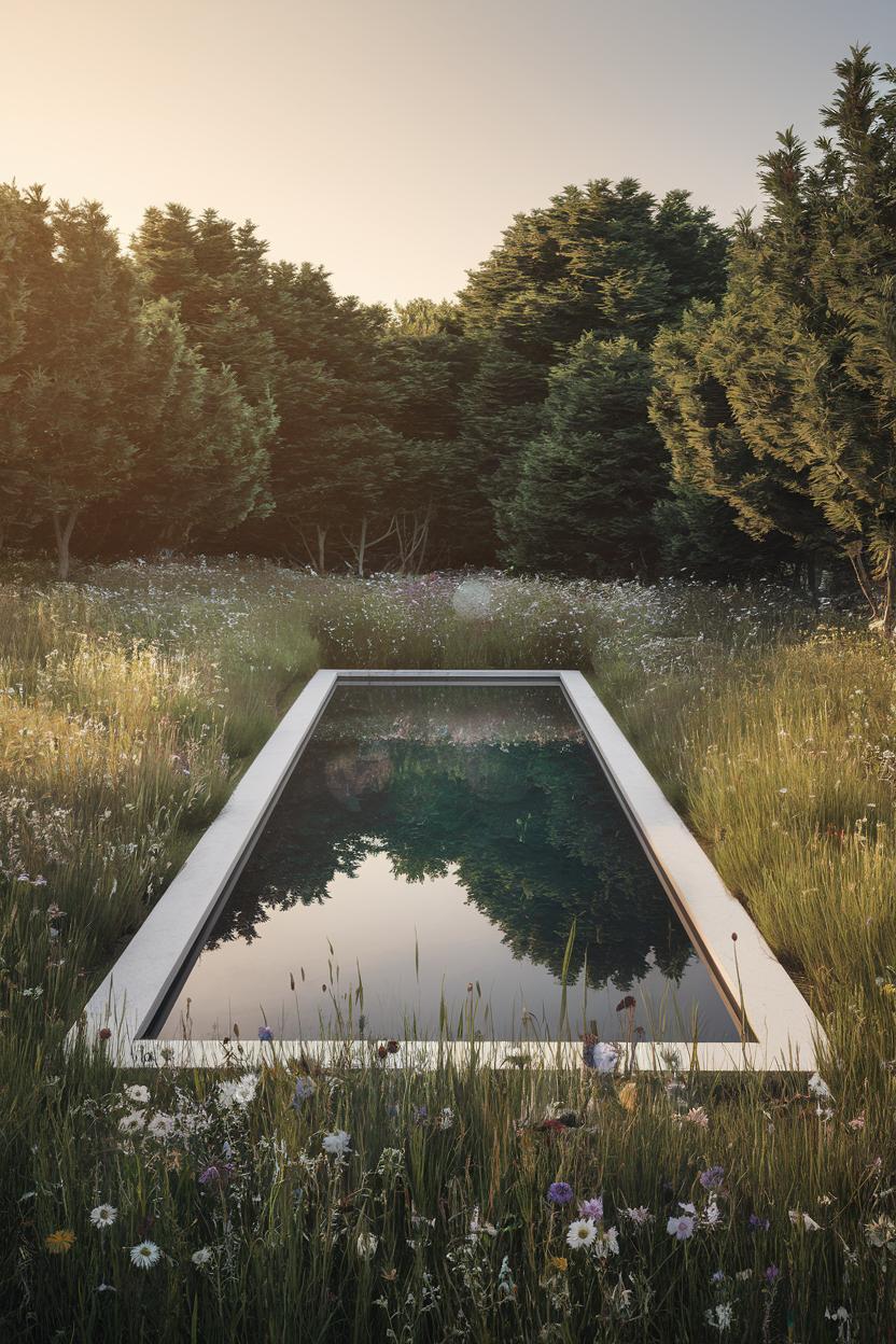 Rectangular pond reflecting lush trees in meadow