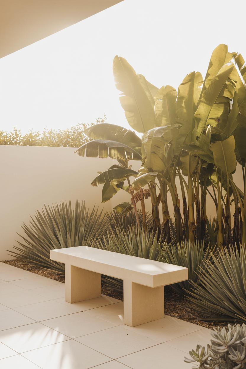 Outdoor garden with banana leaves and a stone bench