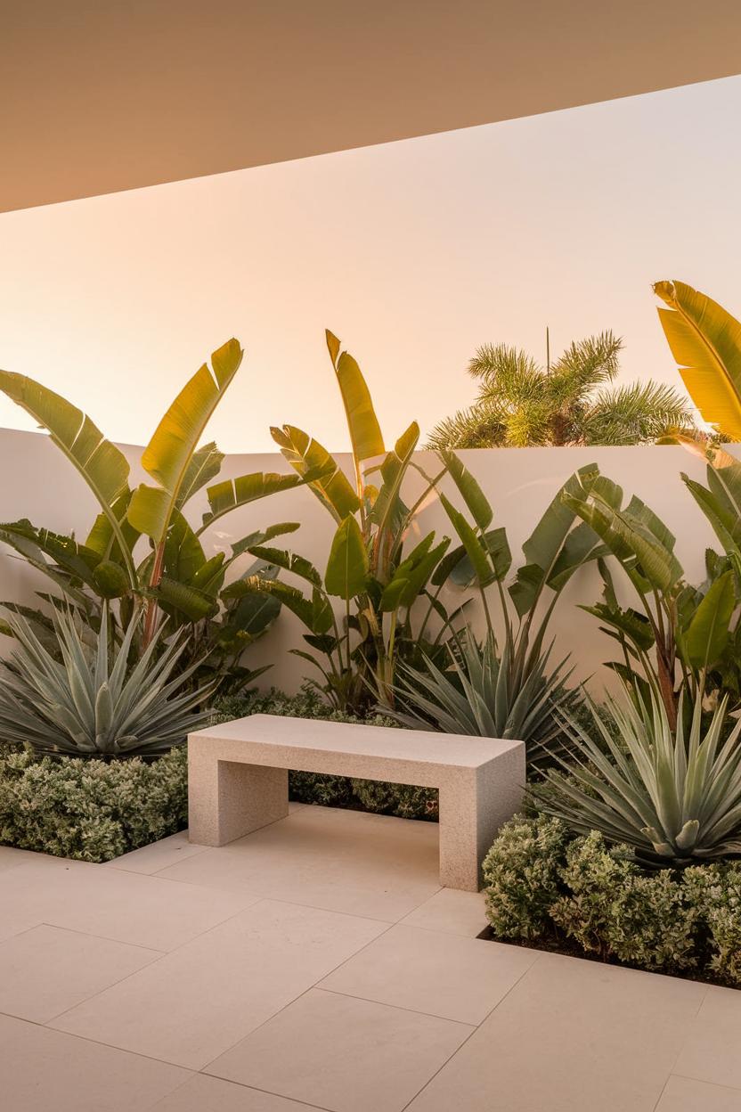 Modern concrete bench amid tropical plants in a neatly tiled garden