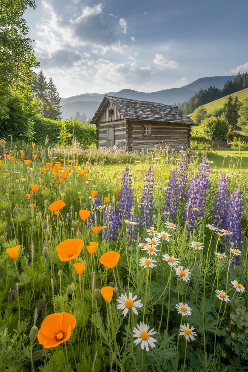 A cozy cabin surrounded by colorful wildflowers and distant mountains