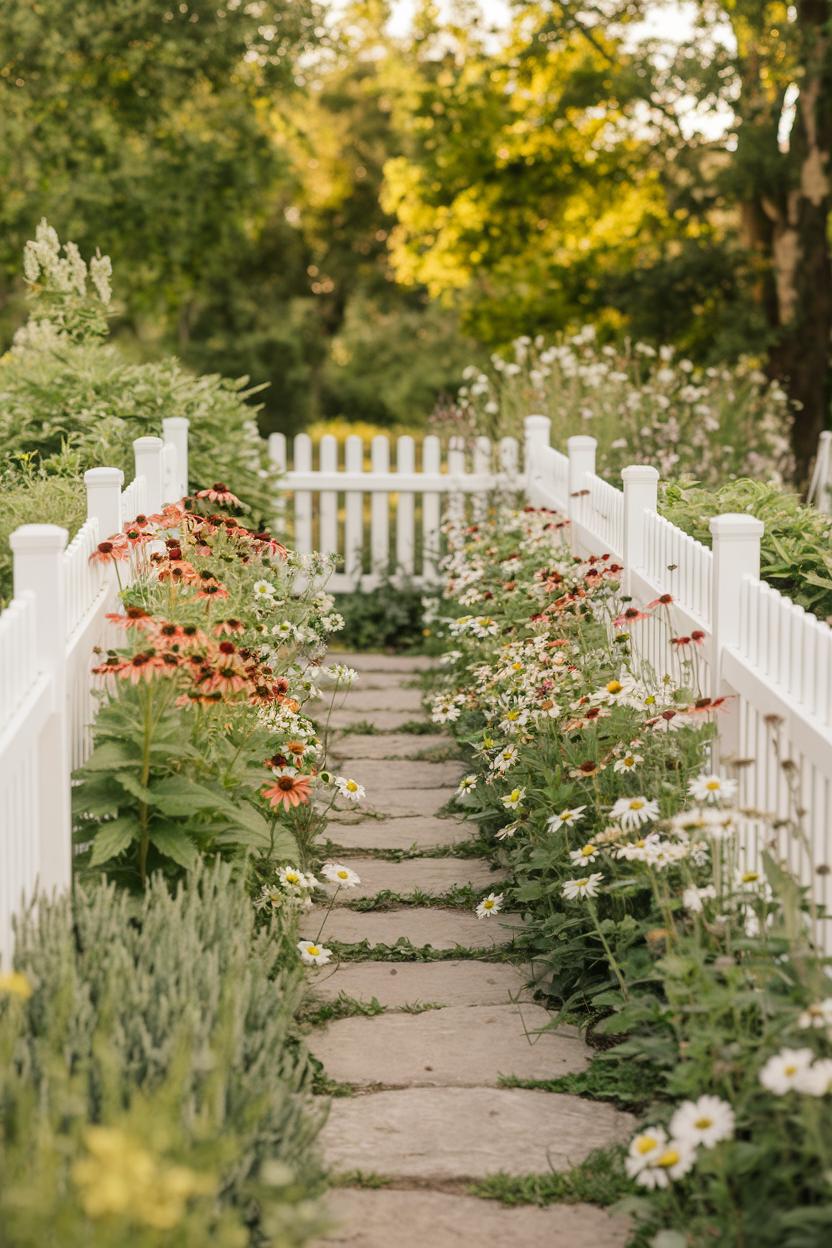 Stone path bordered by wildflowers and a white picket fence