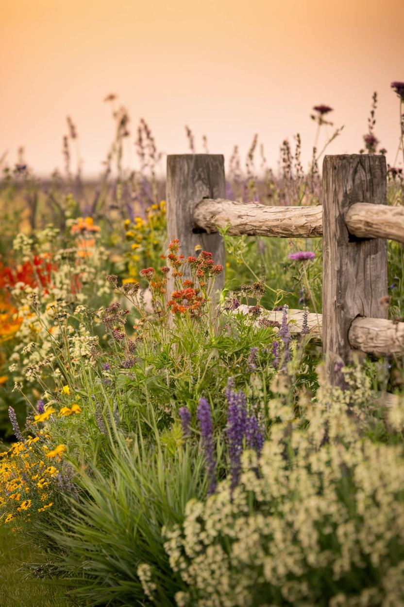 Colorful wildflowers beside a wooden fence