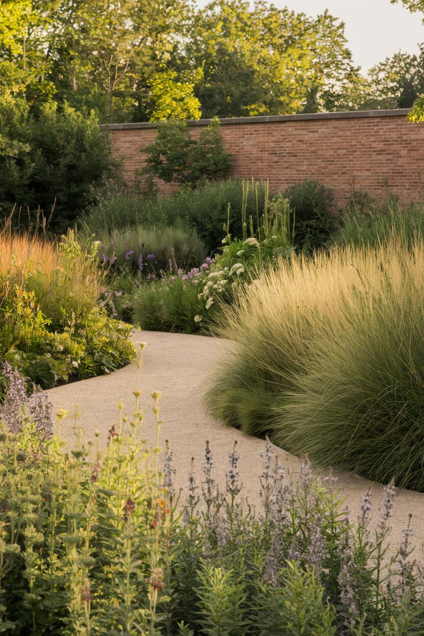 Curving path amid lush grasses and flowers