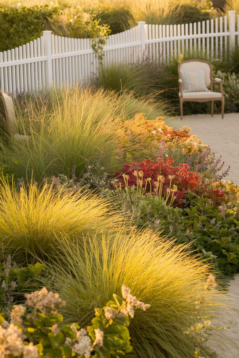 Lush garden with vibrant flowers and a cozy chair against a white picket fence