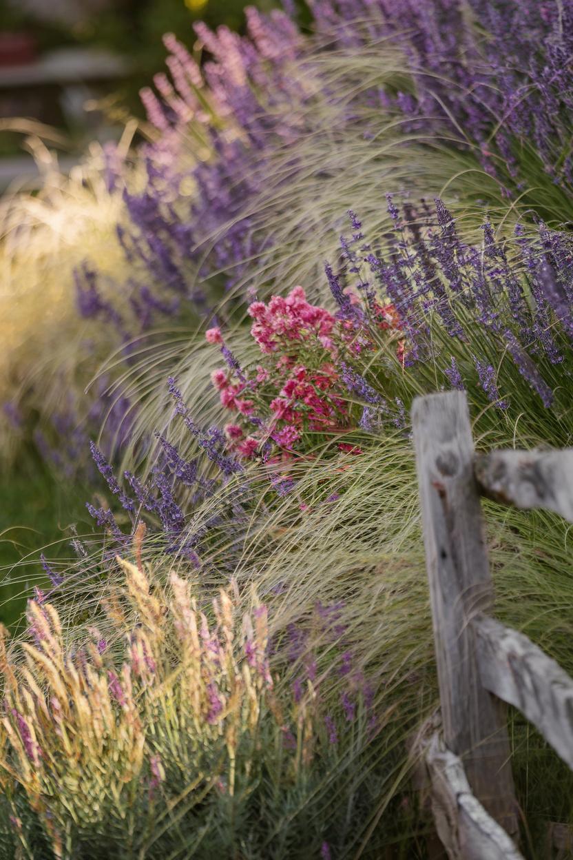 Vibrant wildflowers and grasses beside a rustic fence