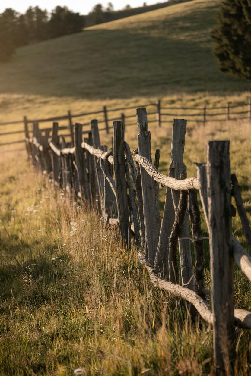 Weathered wooden fence in a grassy field