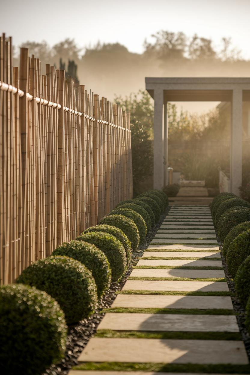 Sunlit bamboo fence alongside a pattern of stepping stones and round bushes