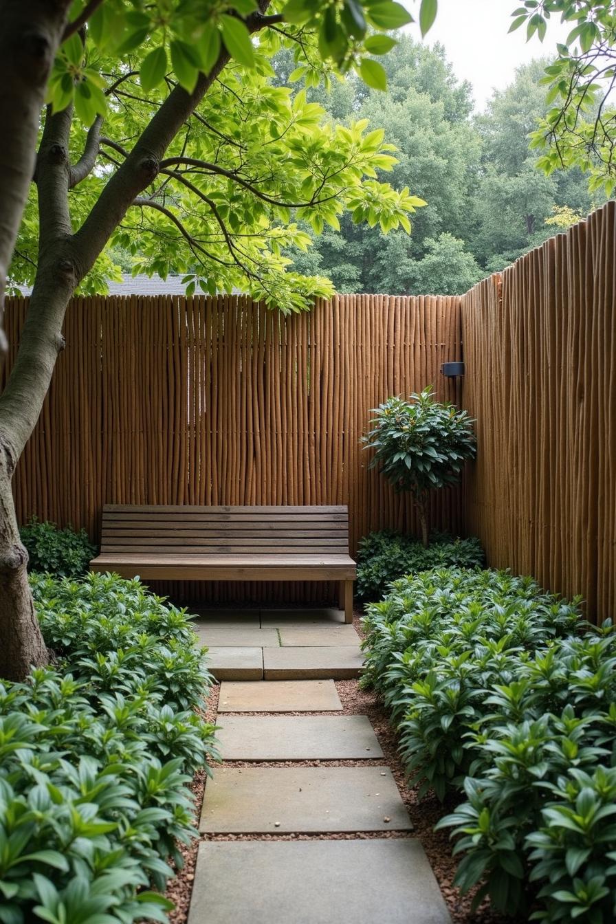 Tranquil backyard corner with a bamboo fence and a wooden bench