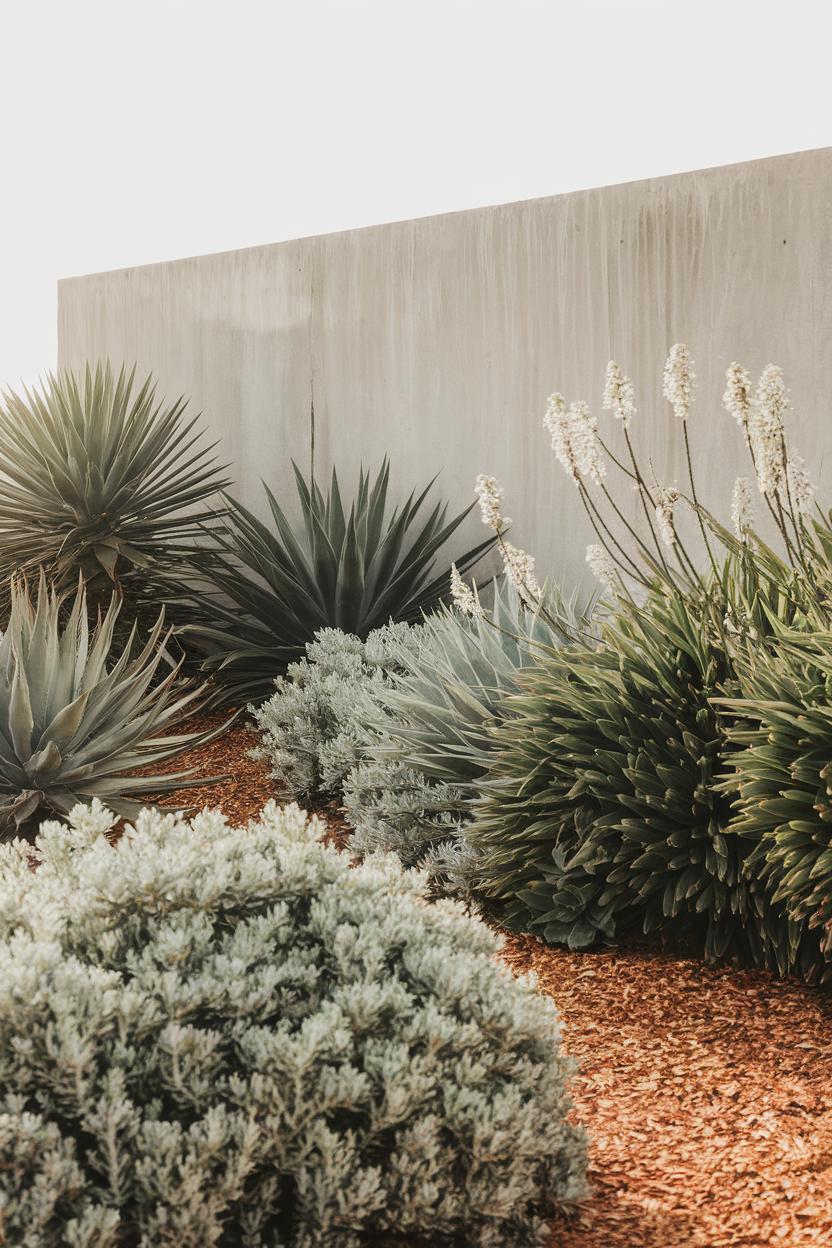 Tropical plants and succulents by a minimalist wall