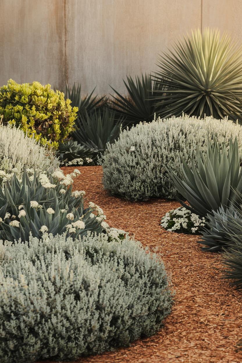 Succulent garden with a sandy mulch path