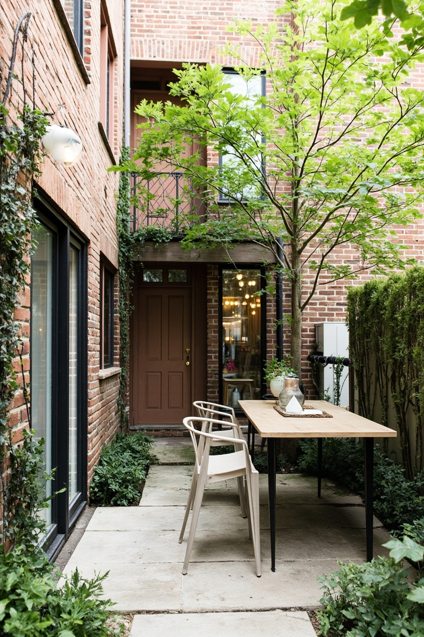 Brick courtyard with table and chairs, surrounded by greenery