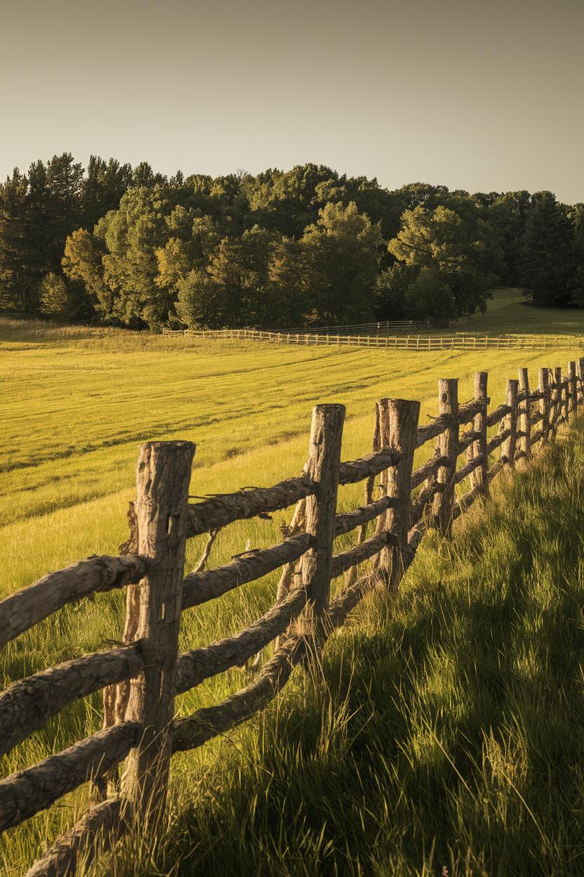 Rustic wooden fence bordering a sunlit field