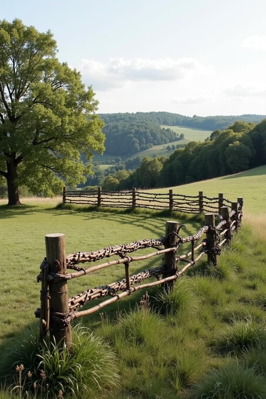 Wooden fence winding through grassy landscape