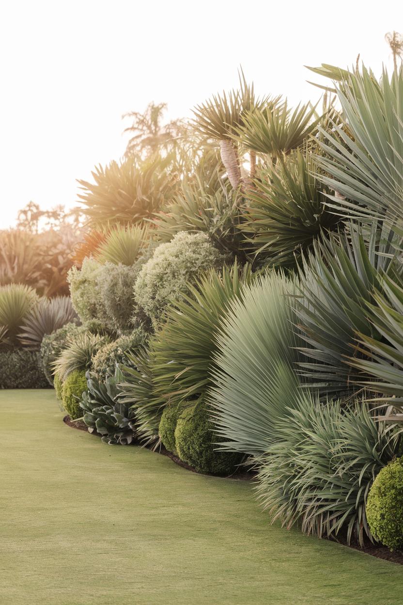 Lush coastal garden with tropical plants under a warm sun