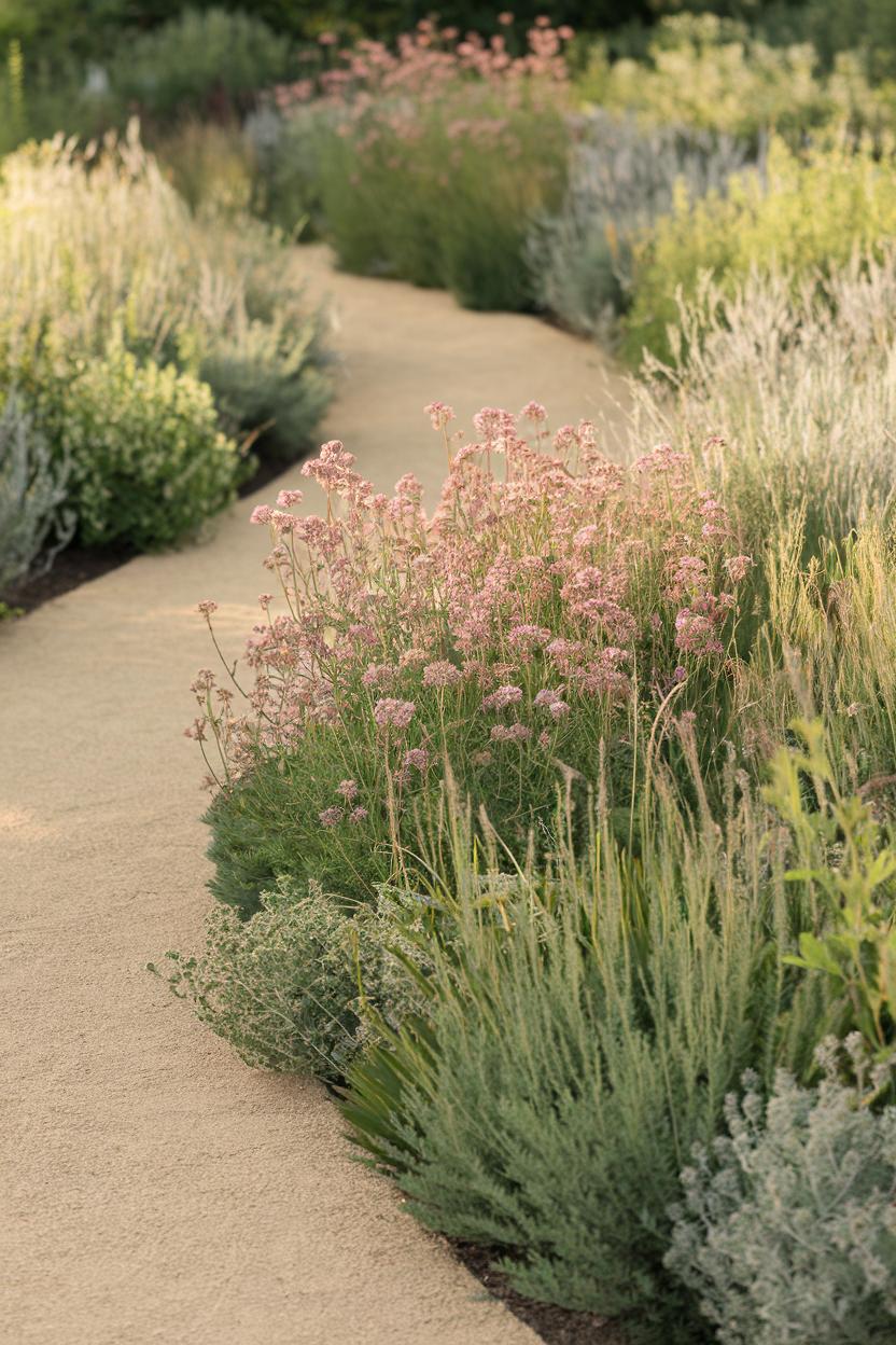 Curving path through a meadow of soft-hued flowers