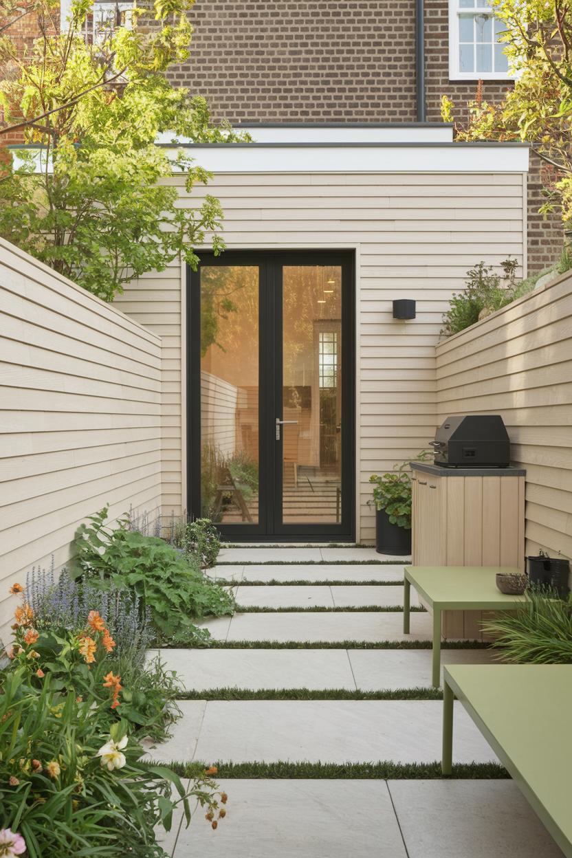 A sleek patio with plants lining the pathway