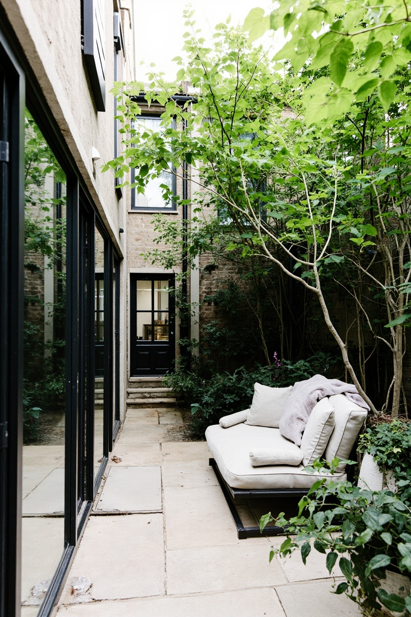 Quiet courtyard with lush greenery and cozy seating