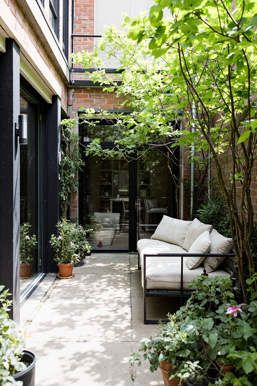 A cozy patio with a sofa surrounded by greenery