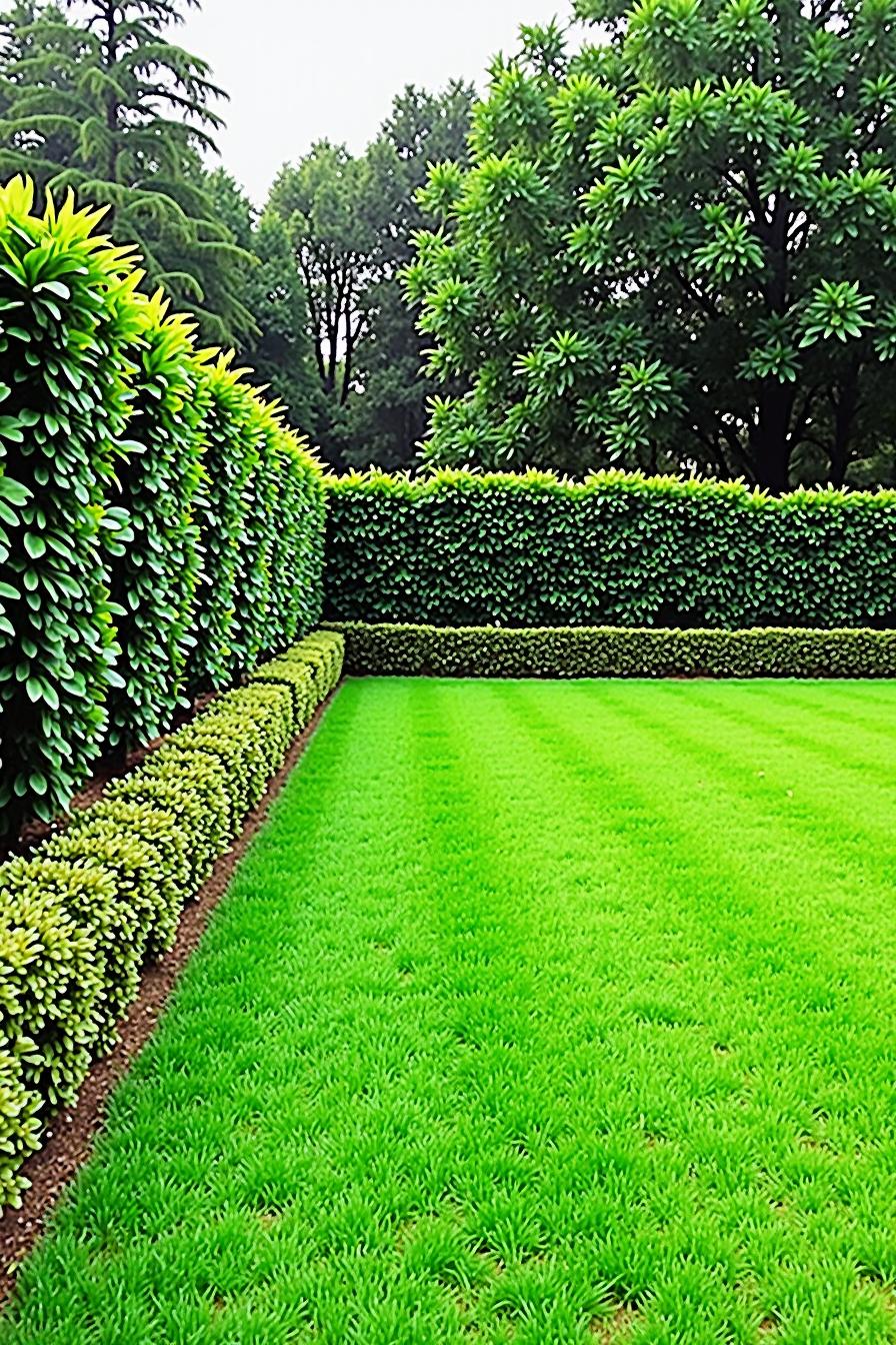 Lush green hedge bordering a manicured lawn