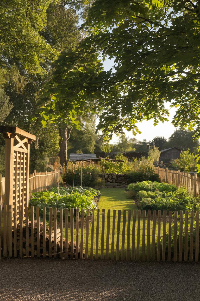 Sunlit garden with wooden fence and arch