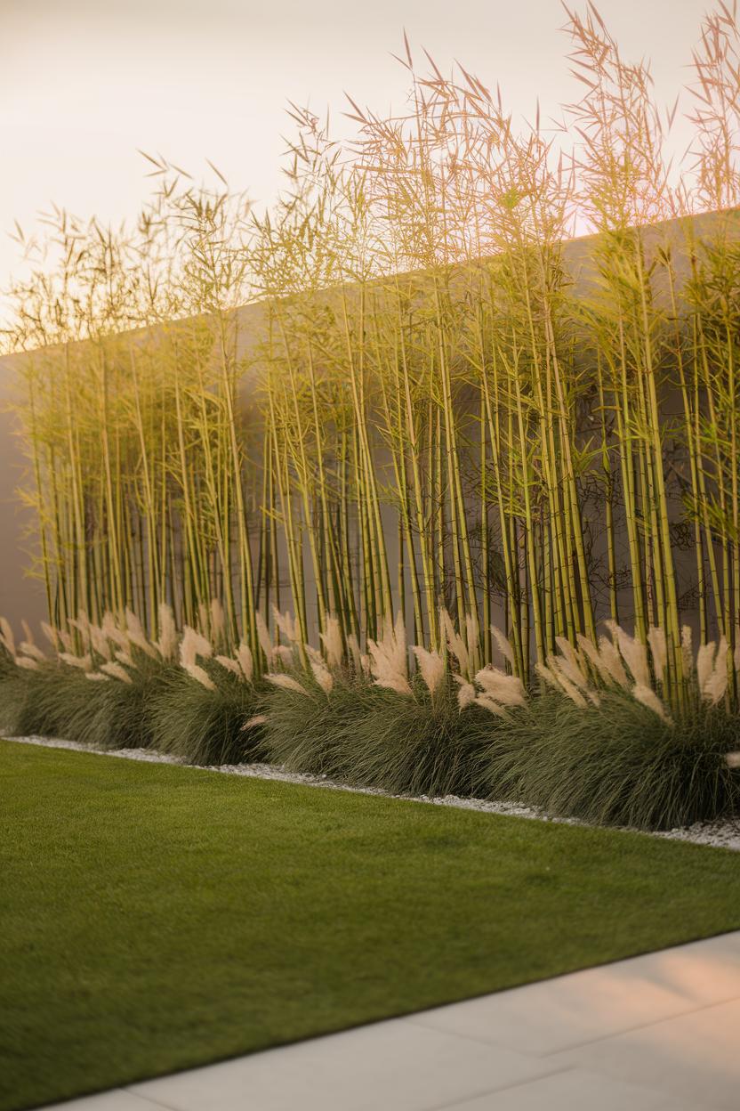 Tall bamboo alongside ornamental grass and green lawn