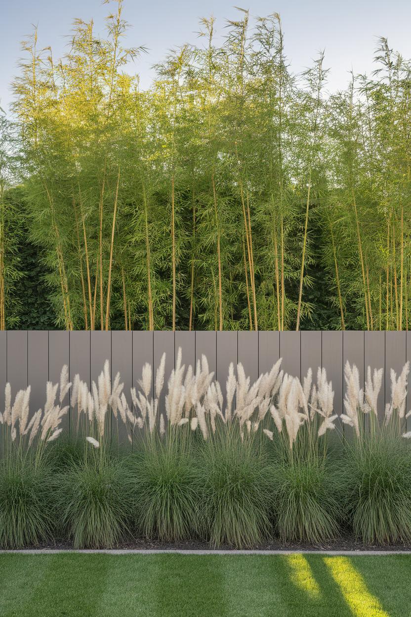 Ornamental grasses and bamboo with fence