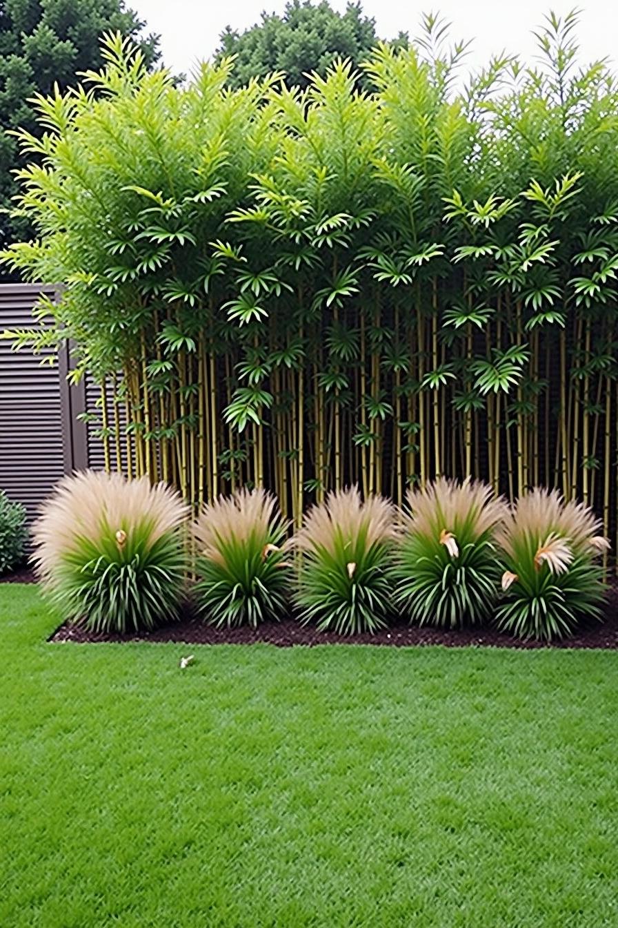 Bamboo and fluffy grass creating a natural fence on a grassy lawn