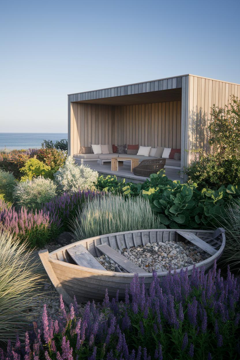 Cozy outdoor seating with lush coastal plants