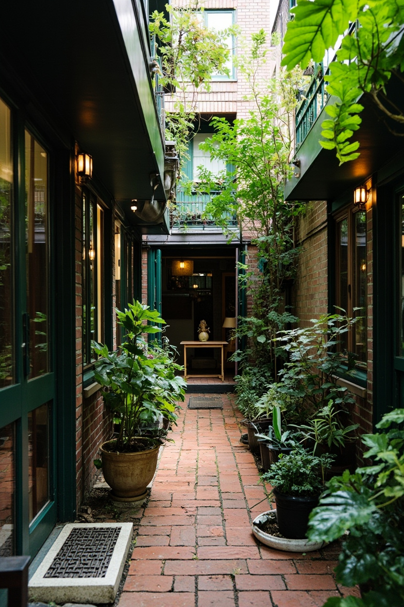 Narrow brick alley with lush potted plants