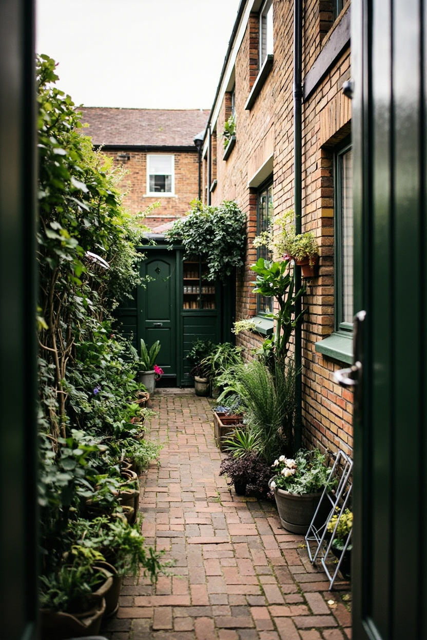 A narrow brick pathway adorned with lush plants