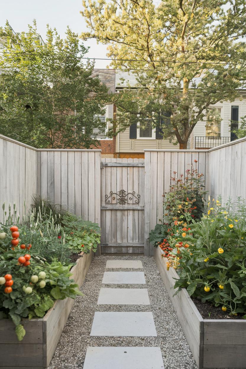 Pathway with Raised Garden Beds Leading to Wooden Gate