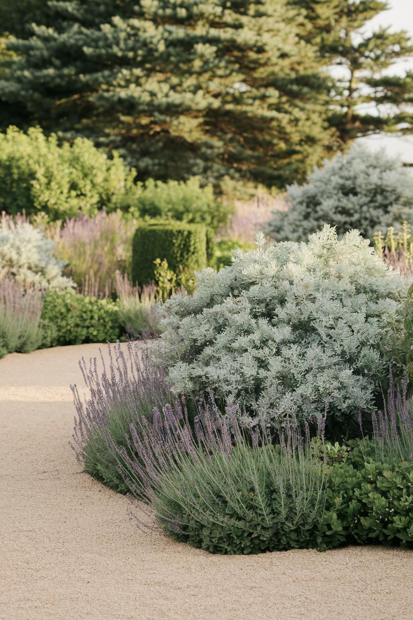 Lavender blooms alongside sand pathways surrounded by lush greenery