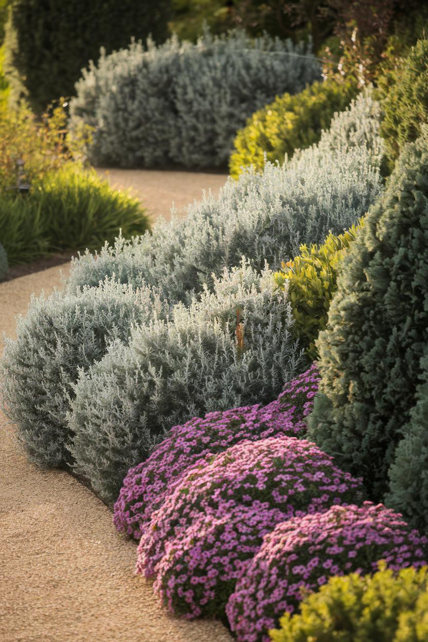 Pathway lined with colorful coastal plants and shrubs