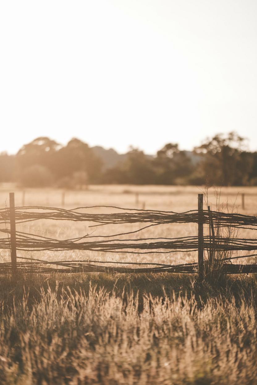 Woven twig fence in sunlit field