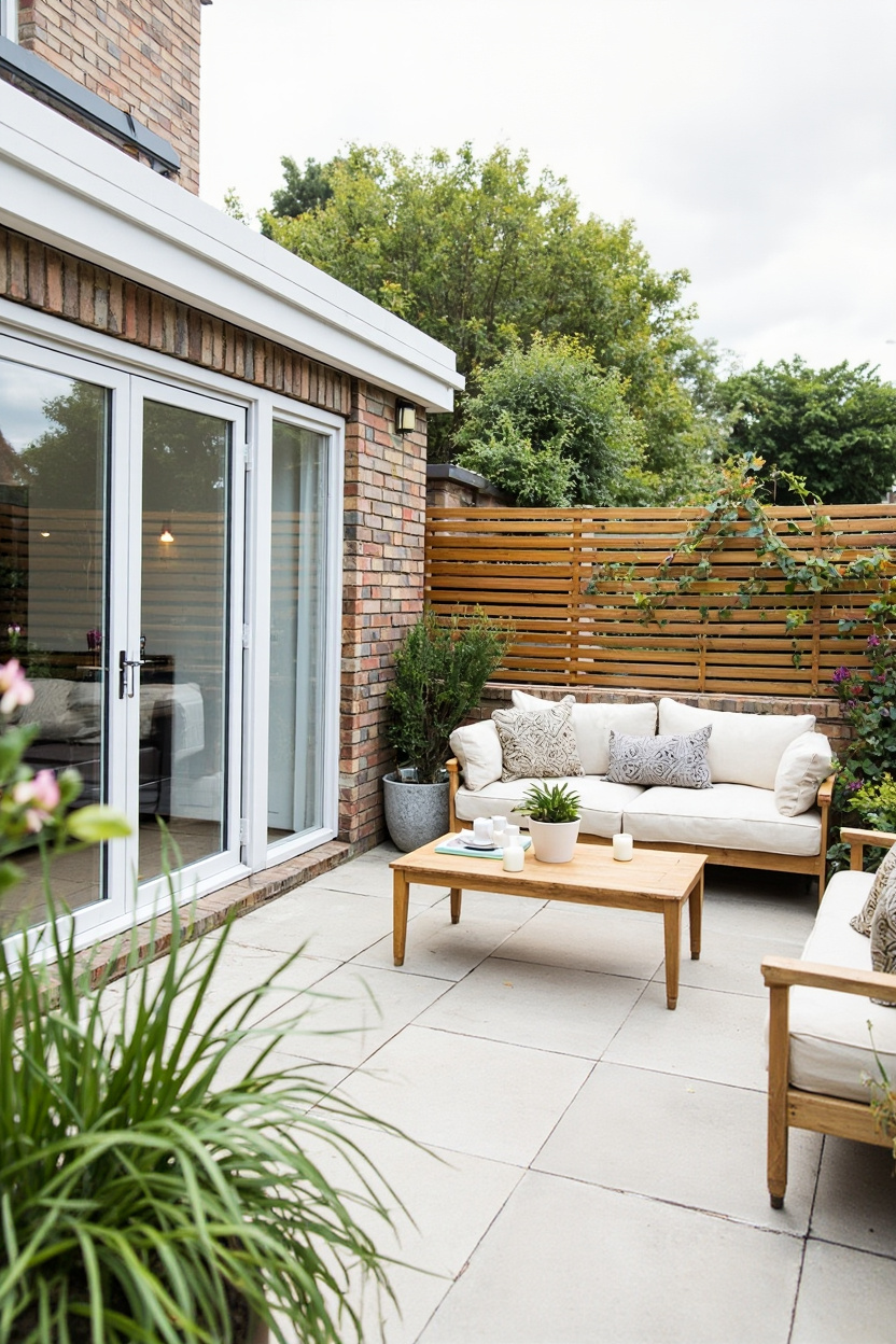 Cozy patio with wooden seating, plants, and a coffee table