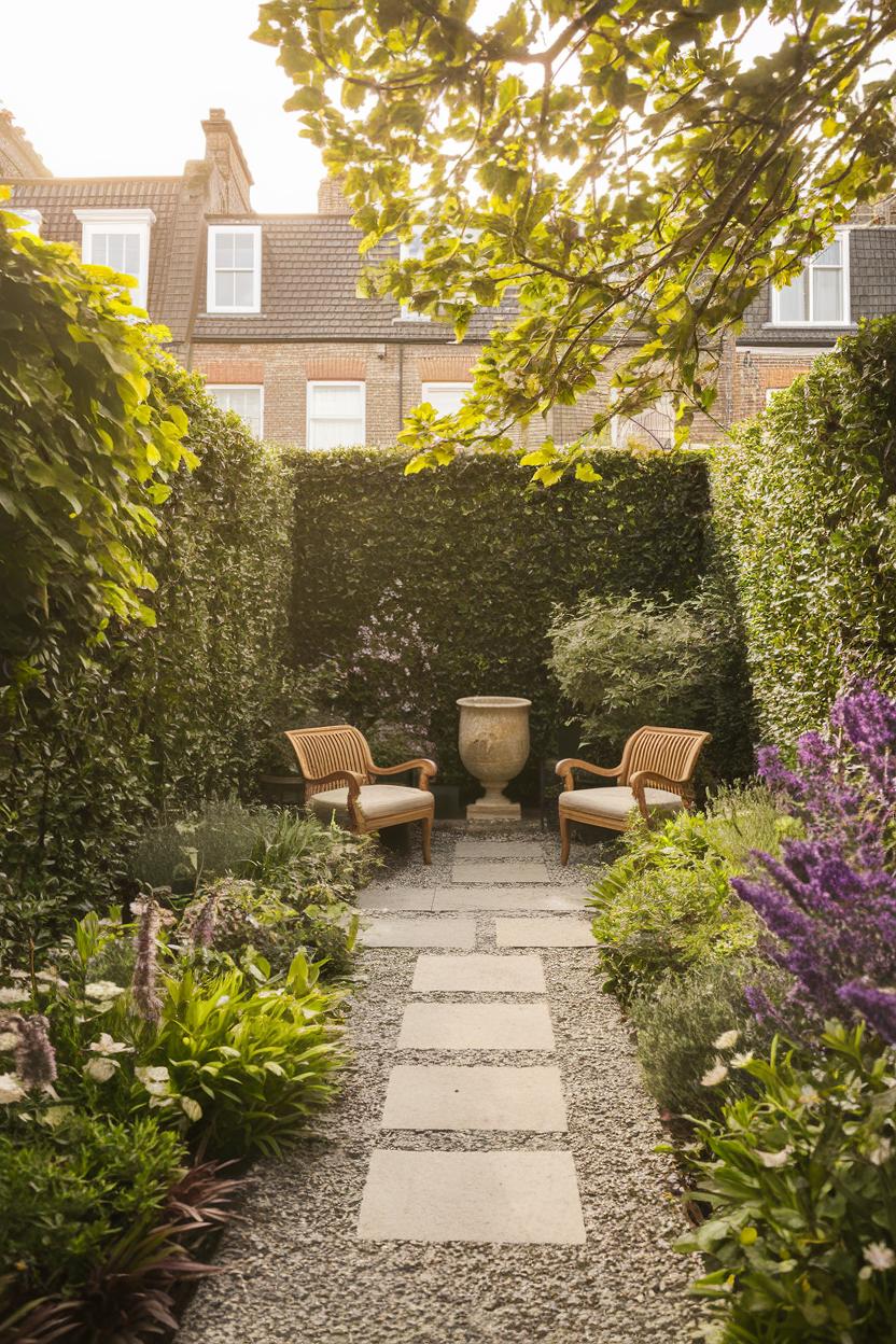 Small townhouse backyard garden with a classic and naturalistic design style showcasing a harmonious color theme of greens and purples. The area is