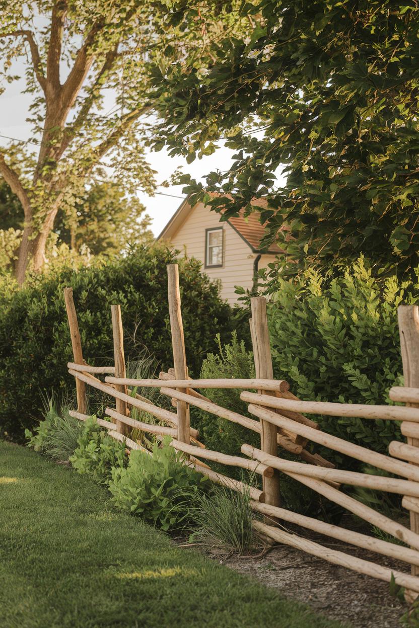 Simple wooden fence with bushes and a cottage