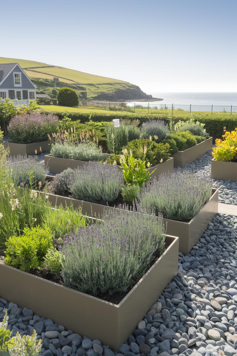 Raised garden beds with coastal vegetation and ocean in the background