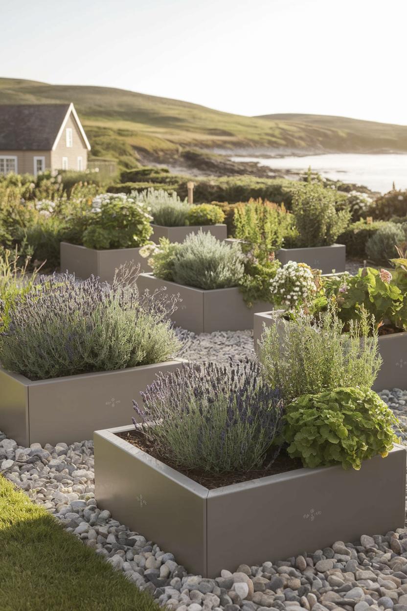 Box planters with lush greenery by the coast