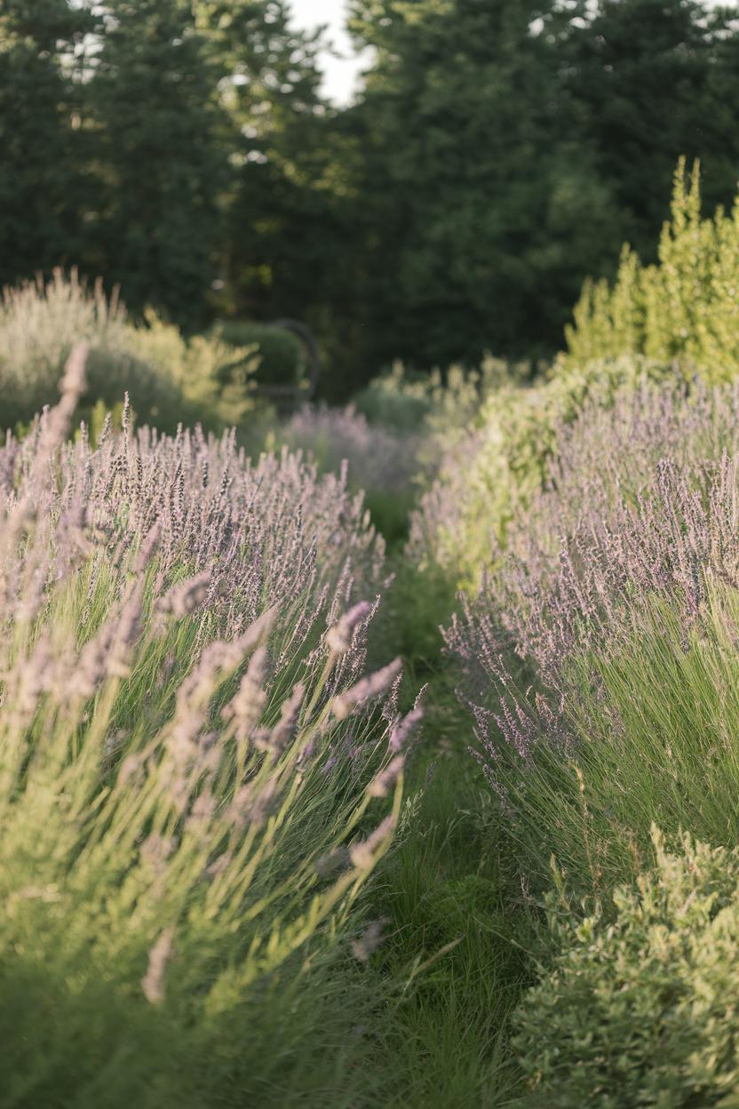 Pathway surrounded by lush lavender plants