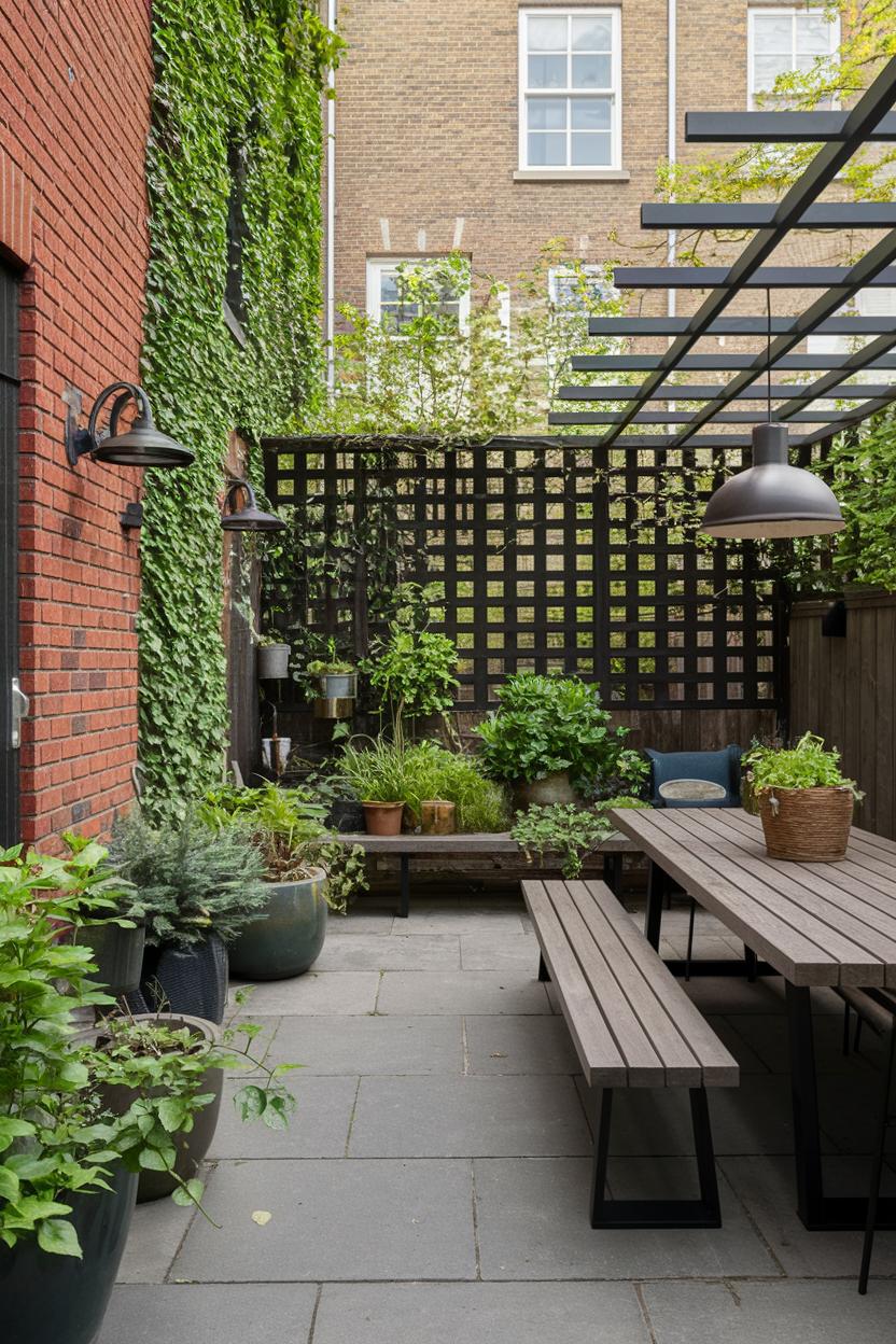 Townhouse garden with lush plants and modern seating