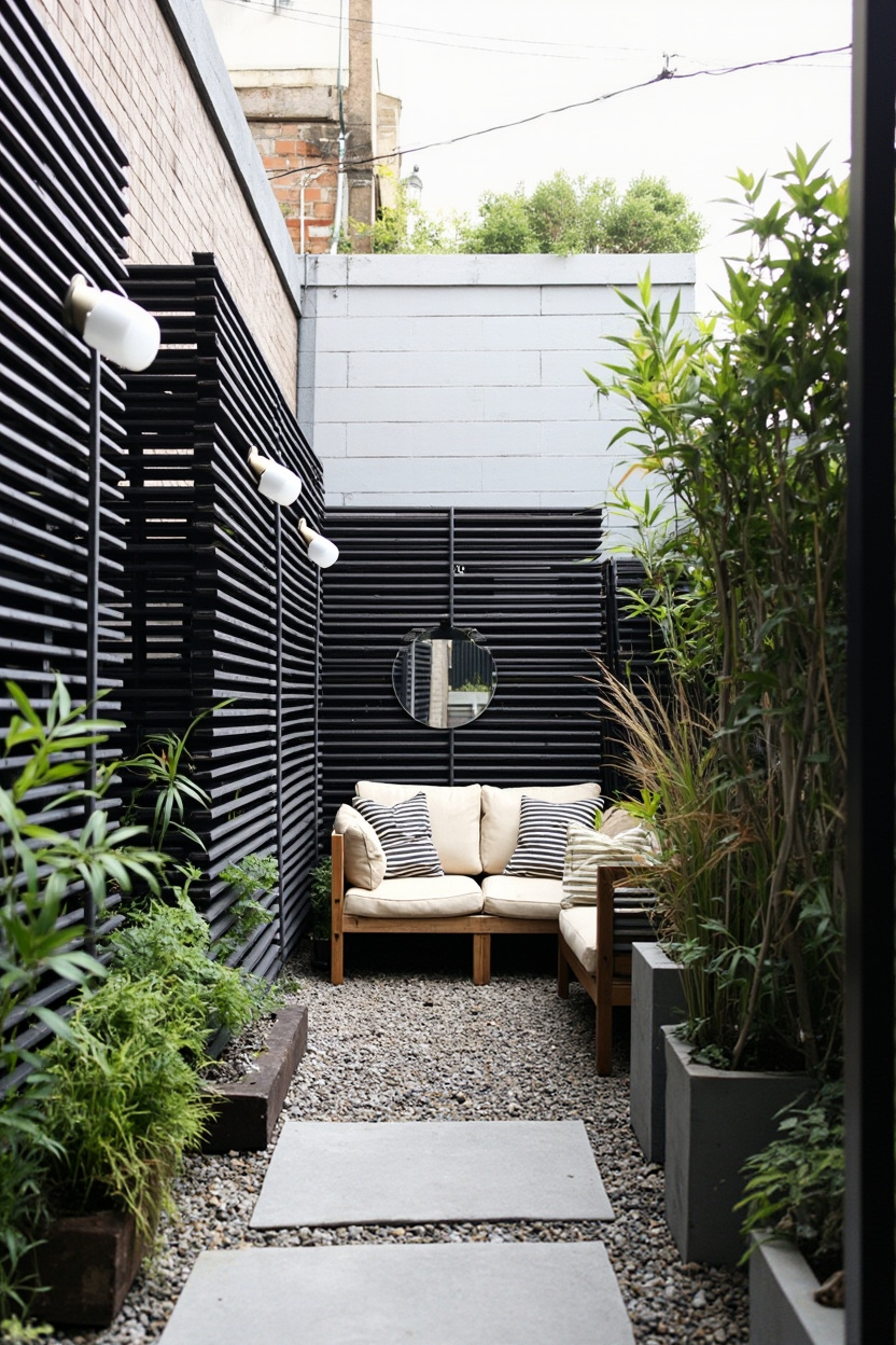 Cozy seating area in a narrow garden space with black wood lattice and greenery