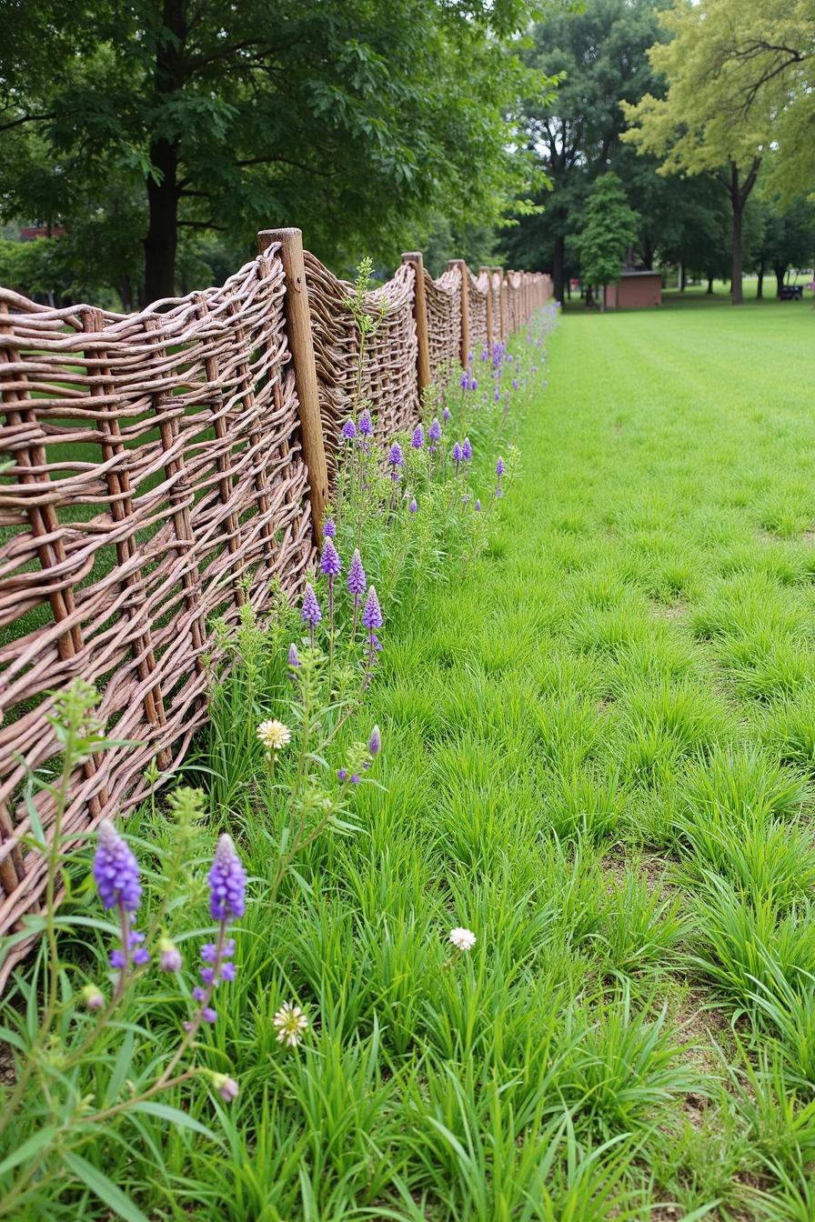 Handwoven wooden fence with blossoming purple flowers