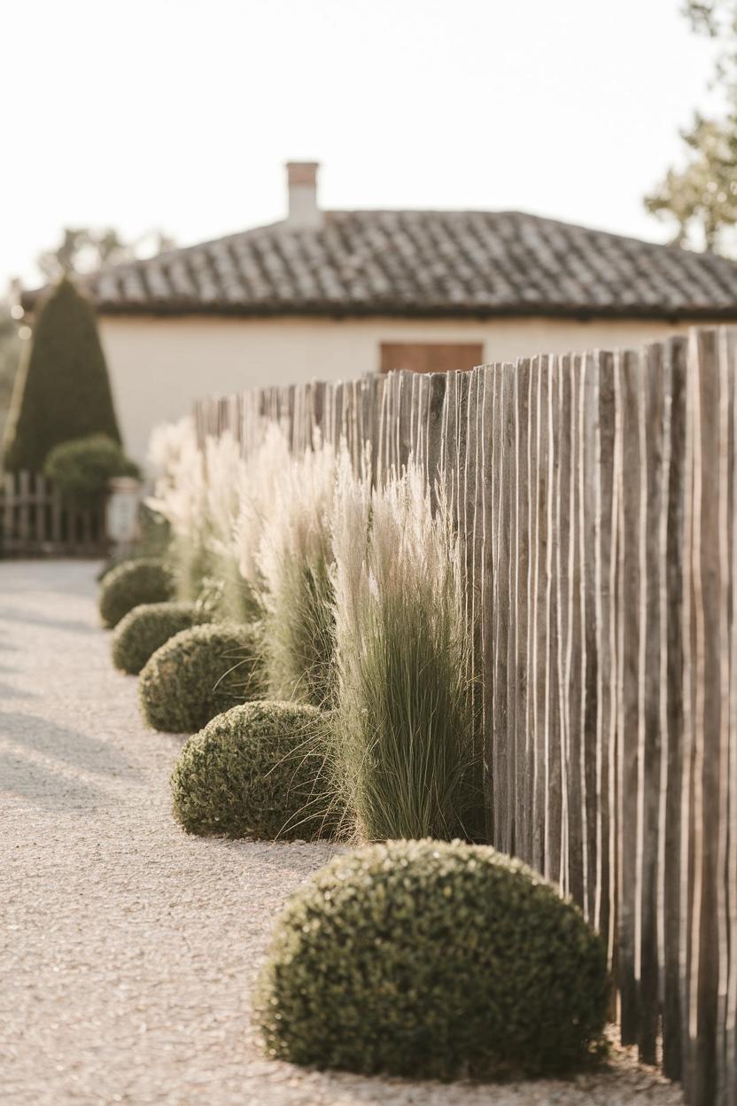 Weathered wooden fence flanked by ornamental grasses