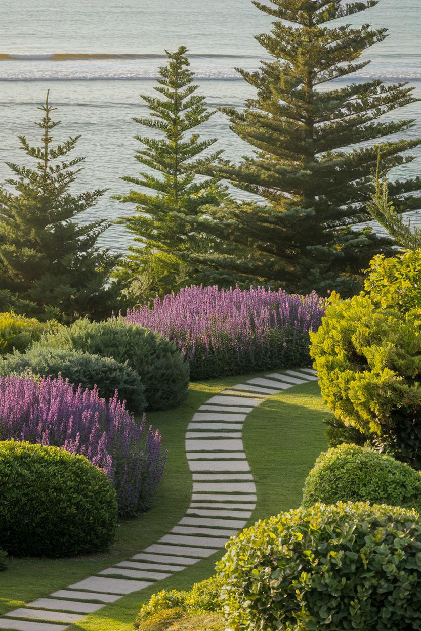 A winding garden path framed by lush greenery and ocean views