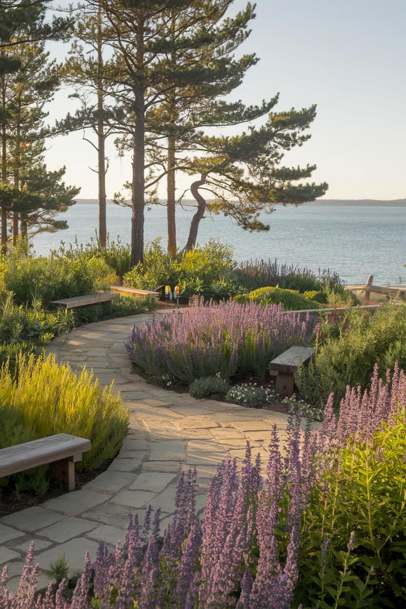 Coastal garden pathway with benches and ocean view