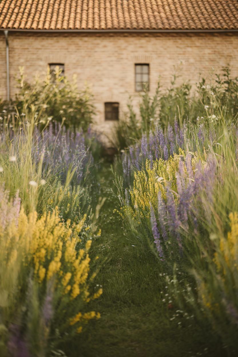 A lush pathway through vibrant wildflowers leads to a brick cottage