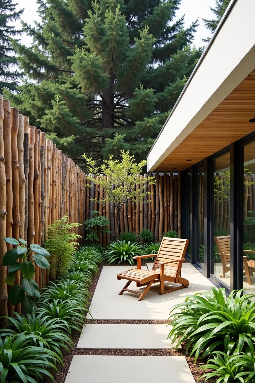 Wooden fence with patio chair and lush plants