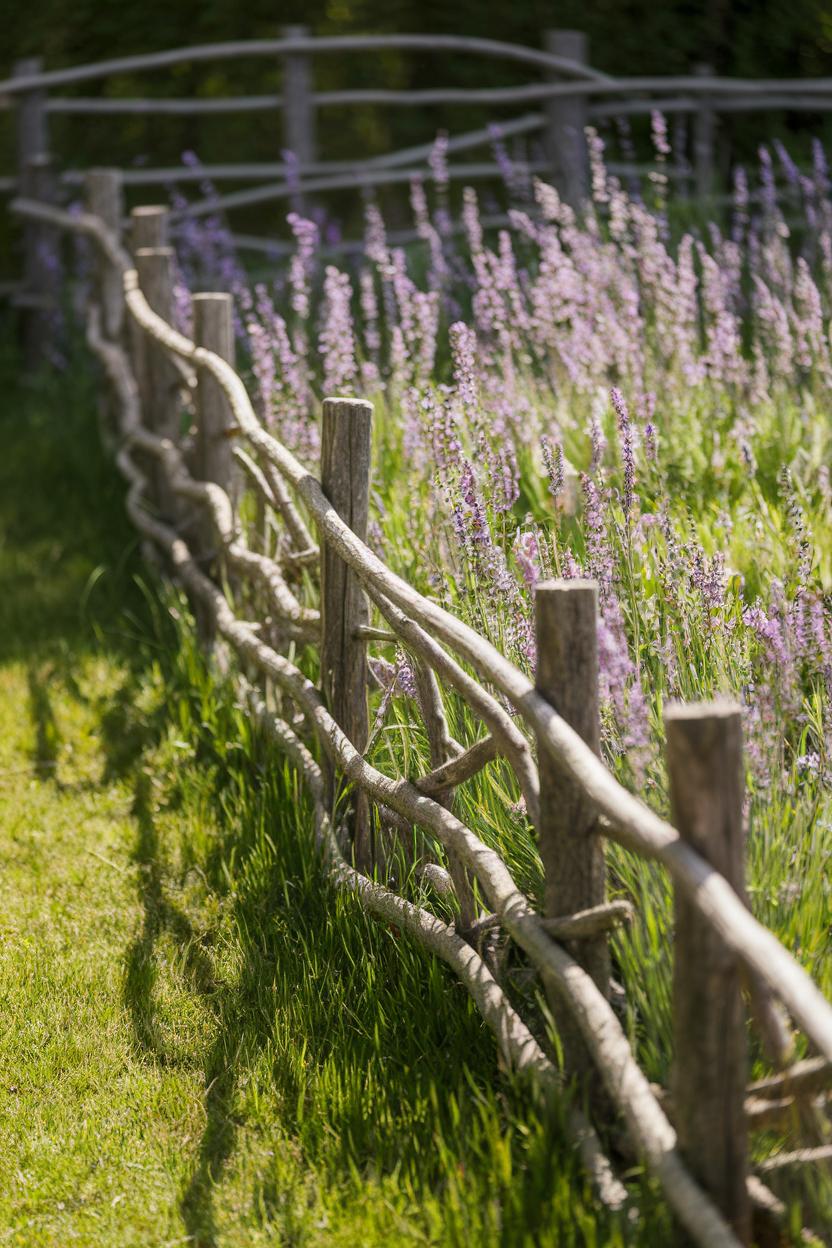 Winding wooden fence surrounded by flowers