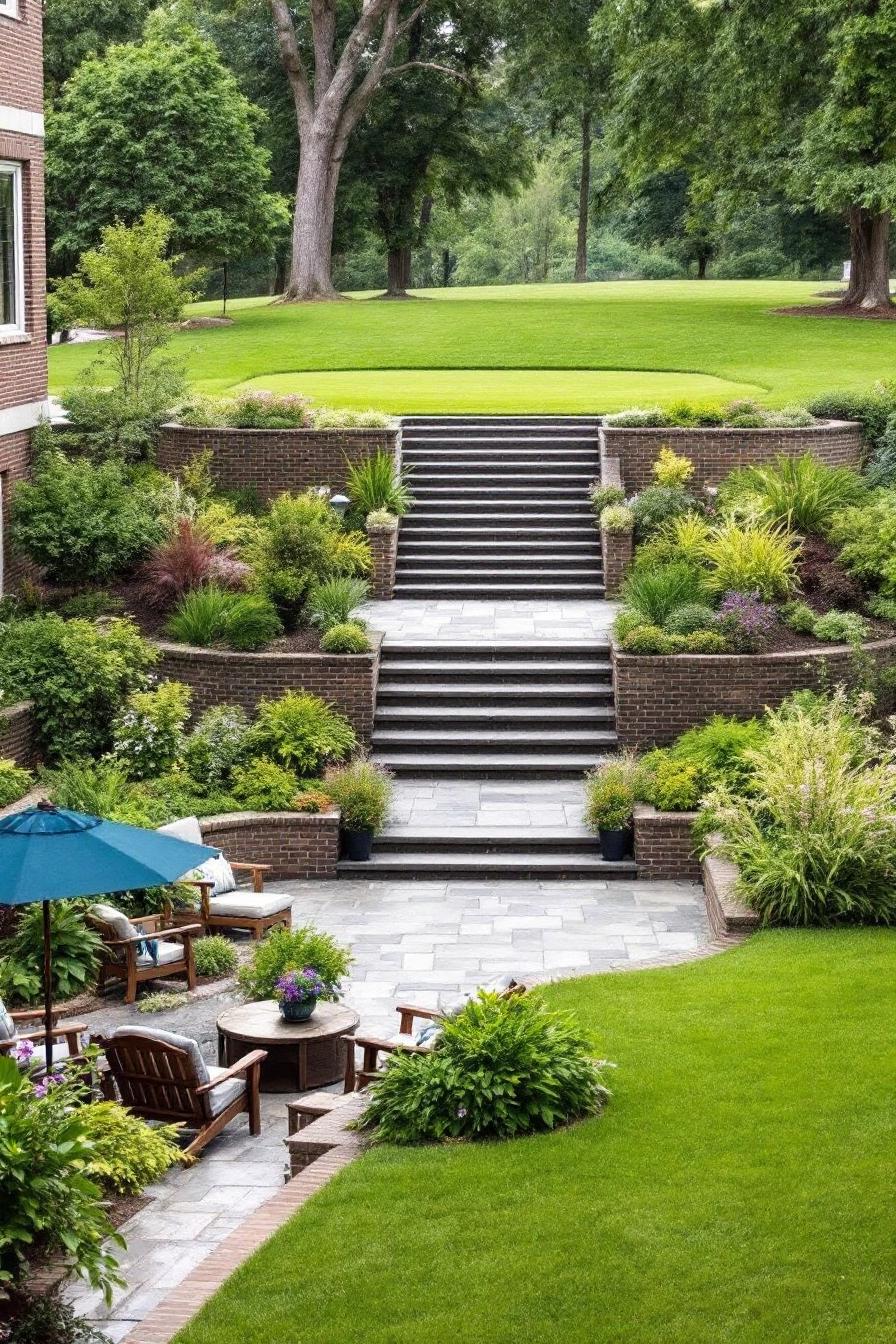Terraced backyard with stone steps and vibrant plants